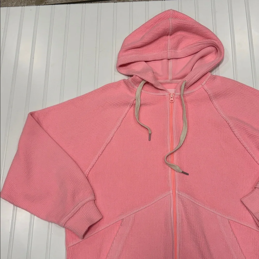 AERIE WOMEN PINK RIBBED LONG SLEEVE ZIP UP HOODIE JACKET WITH POCKETS SIZE SMALL